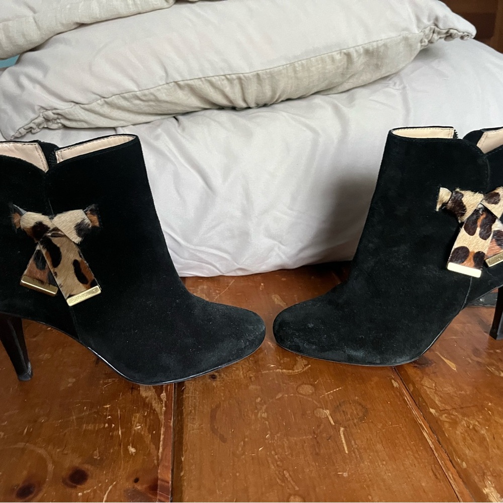Talbots Black Ankle Boots with Leopard Accent